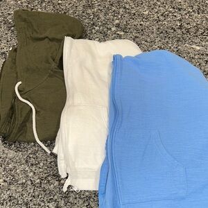 3 colors $17 each: 
Olive Green, White, and Cornflower Blue hoodies 1X